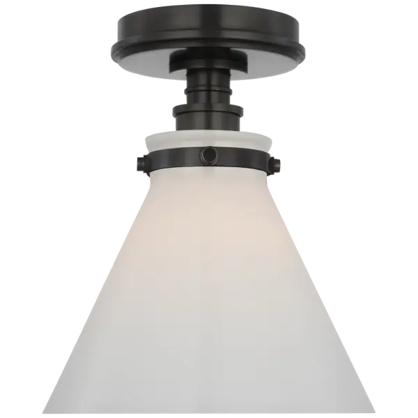 The Parkington 9" flush mount delivers understated elegance with its conical white glass shade and bronze finish. Perfect for smaller spaces requiring low-profile lighting with traditional appeal. - alternate view