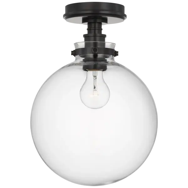 The Parkington 10" Globe Flush Mount combines traditional bronze finish with clear glass for versatile lighting. Its compact profile suits low ceilings while the globe design provides even illumination. - alternate view