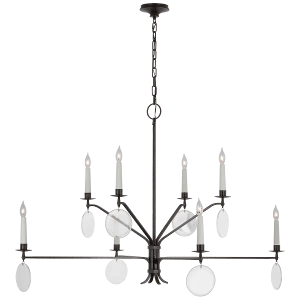 The Danvers Grande delivers commanding presence with its two-tier design and aged iron finish. Clear glass shades provide brilliant illumination while the substantial scale makes it perfect for large dining rooms and grand entryways.
