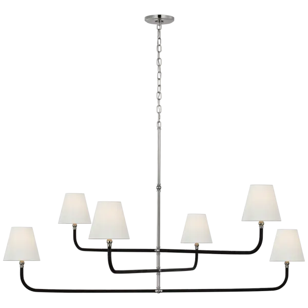 The Basden Grande makes a sophisticated statement with its three-tier design combining polished nickel hardware, black rattan accents, and soft linen shades. Perfect for large dining rooms or grand foyers seeking coastal-inspired elegance.
