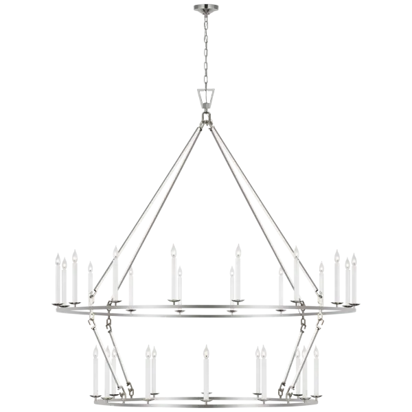The Darlana Grande delivers impressive scale and timeless elegance with its two-tier lantern silhouette. The polished nickel finish adds refined sophistication, making it ideal for grand entryways and formal dining spaces.