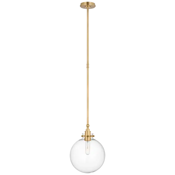 The Parkington 10" Globe Pendant combines a clear glass sphere with antique-burnished brass hardware for a versatile lighting solution. Its compact size makes it perfect for smaller spaces or grouped installations.