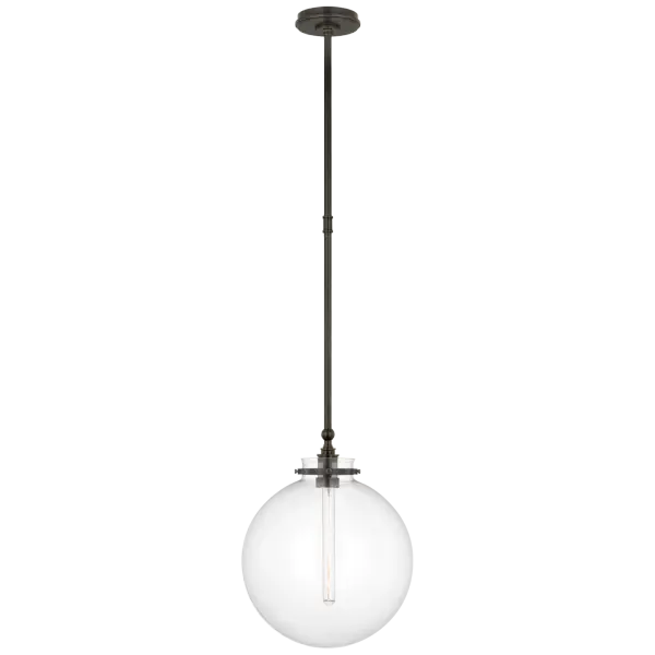 The Parkington 14" Globe Pendant combines traditional elegance with contemporary versatility. Its clear glass globe and bronze finish create a sophisticated focal point suitable for various interior styles.
