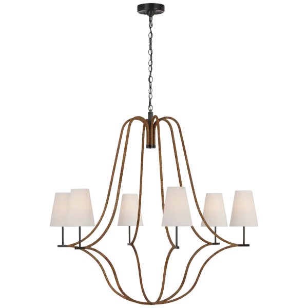 The Biscayne chandelier combines natural rattan wrapping with bronze metalwork and soft linen shades, creating a sophisticated coastal aesthetic. Its extra-large scale makes it perfect for grand dining rooms and open-concept spaces. - alternate view