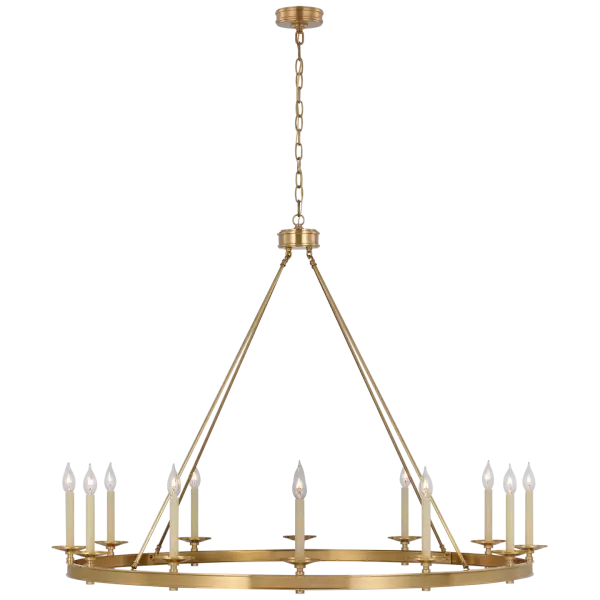 The Launceton Grande Ring Chandelier makes a bold architectural statement with its oversized circular design and antique-burnished brass finish. Perfect for grand dining rooms and two-story foyers requiring dramatic lighting.