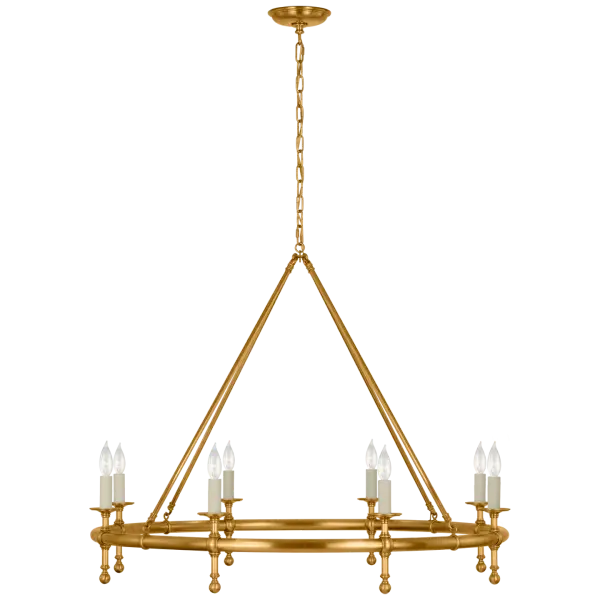 This substantial ring chandelier combines classic elegance with contemporary design. The 42-inch diameter creates dramatic presence while the antique-burnished brass finish adds warmth and sophistication to any space.