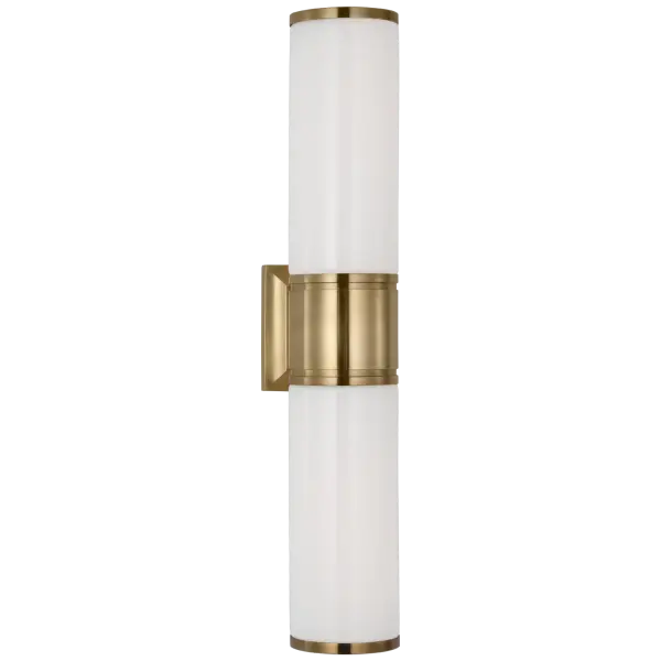 The Halford 22" double bath sconce combines classic brass warmth with clean white glass shades, delivering balanced illumination ideal for bathroom vanities. Its transitional design bridges traditional and modern aesthetics.
