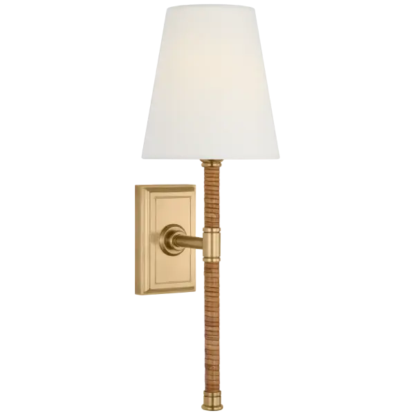 Basden 16" Tail Sconce in Antique-Burnished Brass and Natural Rattan with Linen Shade Open Box