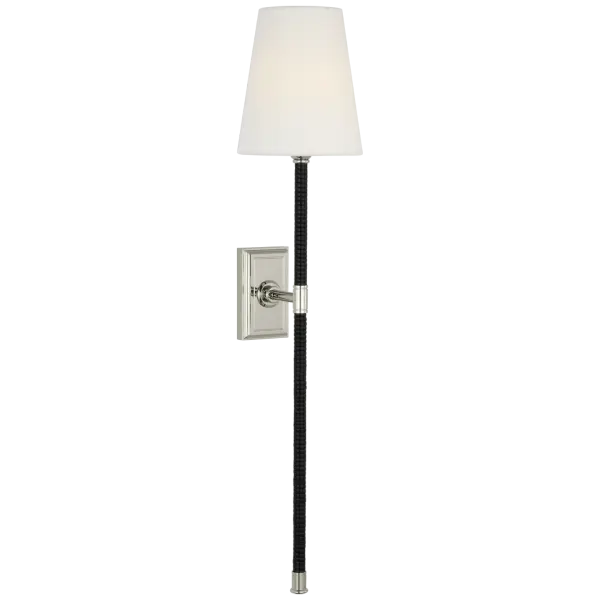 The Basden 29" Tail Sconce combines polished nickel hardware with black rattan detailing and a soft linen shade, creating a sophisticated blend of coastal charm and transitional elegance perfect for bedrooms and living spaces. - alternate view