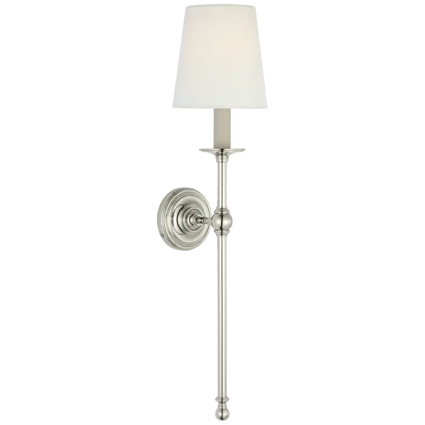 This substantial wall sconce combines traditional styling with practical functionality. The 27-inch tail arm provides excellent reading light positioning, while the polished nickel finish and linen shade create a refined, timeless look.