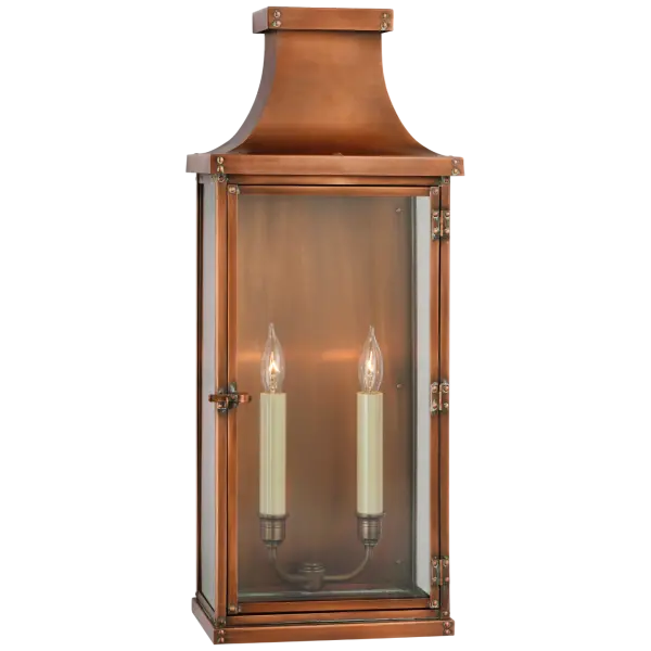 The Bedford Wide Tall 3/4 Lantern combines traditional design with durable natural copper construction. Its generous proportions and classic lantern silhouette make it ideal for grand entryways and outdoor spaces.