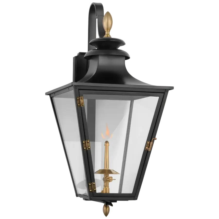 Albermarle Small Bracketed Gas Wall Lantern in Matte Black and Brass with Clear Glass