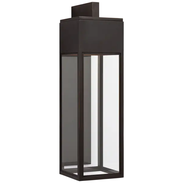 The Irvine Grande brings substantial presence to exterior spaces with its large-scale bracketed design and clear glass panels. Bronze finish offers classic durability while the generous proportions make a statement.