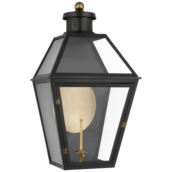 The Stratford Large Gas Wall Lantern combines traditional design with modern durability. Its matte black finish and clear glass panels create a sophisticated outdoor lighting solution perfect for grand entrances and spacious exteriors. - alternate view