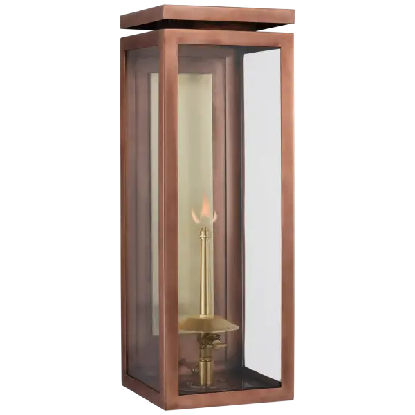The Fresno Medium Gas Wall Lantern combines traditional craftsmanship with a distinctive soft copper finish. Its 3/4 design and clear glass panels create beautiful ambient lighting for entryways and outdoor living spaces. - alternate view
