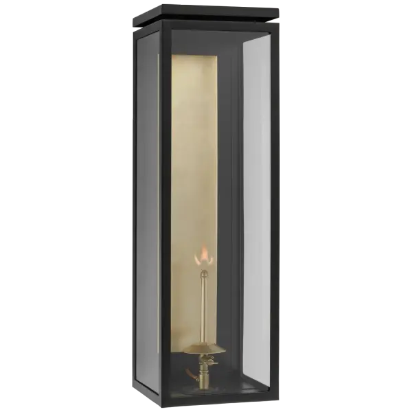 The Fresno XL gas wall lantern combines classic design with modern matte black finish. Its extra-large scale makes a bold architectural statement while clear glass panels showcase the authentic gas flame for warm, inviting ambiance.