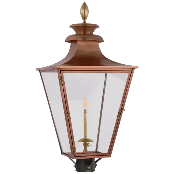 The Albermarle gas post light combines traditional craftsmanship with authentic gas lighting for elegant outdoor illumination. Its soft copper and brass finish develops a beautiful patina over time.