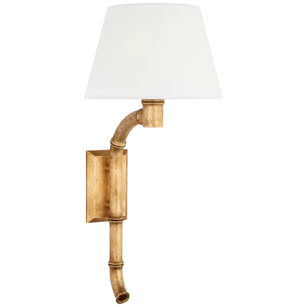 The Alana sconce features a graceful 27-inch curved tail design in gilded plaster finish, paired with a soft linen shade. This transitional piece adds refined elegance to any space while providing warm, ambient lighting.