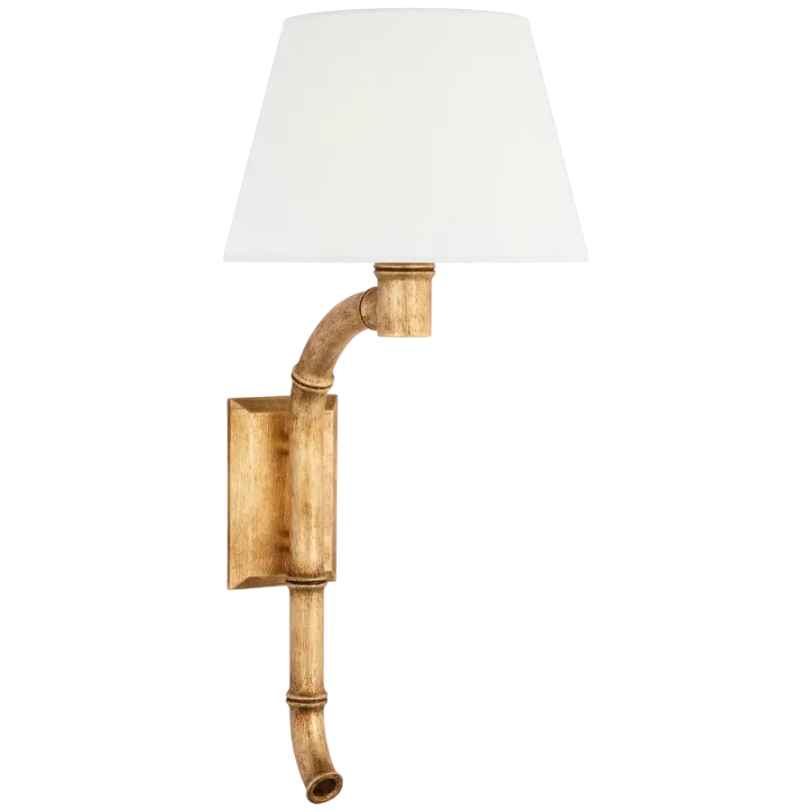 Alana 27" Curved Tail Sconce in Gilded Plaster with Linen Shade - Image 1
