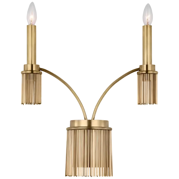The Sutton Double Sconce brings timeless elegance with its antique-burnished brass finish. Perfect for flanking mirrors or creating symmetrical lighting in bathrooms and hallways. The double-arm design provides ample illumination.