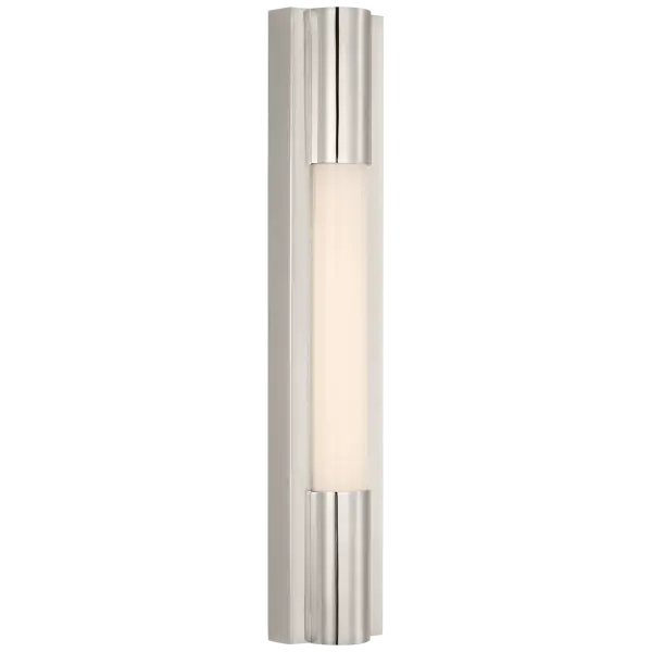 The Ellington 16" bath light combines timeless transitional styling with a space-saving slimline profile. Polished nickel finish and white glass shades deliver clean, even illumination perfect for vanity applications.