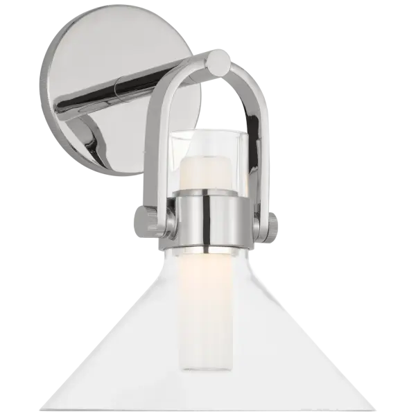 The Larkin Small Empire Sconce combines classic empire styling with polished nickel finish and clear glass for versatile elegance. Perfect for bathrooms, hallways, and smaller spaces requiring refined illumination.