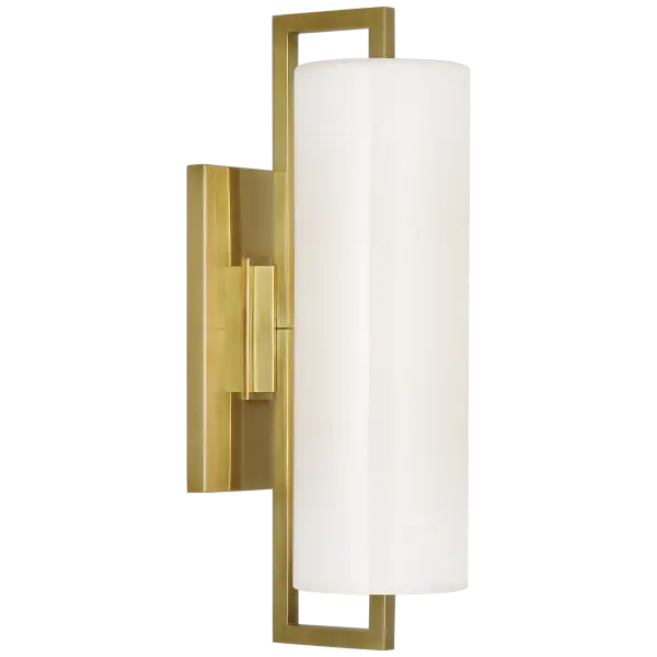 The Bowen 16" Linear Bath Sconce combines classic hand-rubbed antique brass with clean linear design and white glass shading. Perfect for bathroom vanities, this transitional fixture adds warmth and sophistication.
