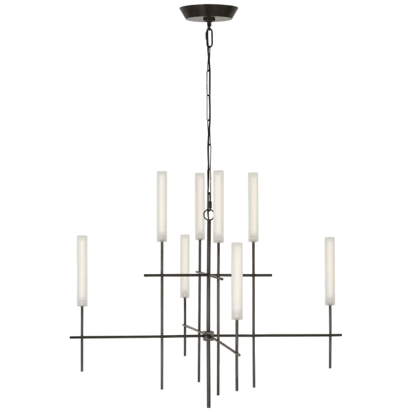 The Fay chandelier combines classic elegance with contemporary sensibility. Its 32-inch diameter makes a substantial statement while frosted glass shades provide soft, diffused illumination perfect for dining and entertaining spaces.