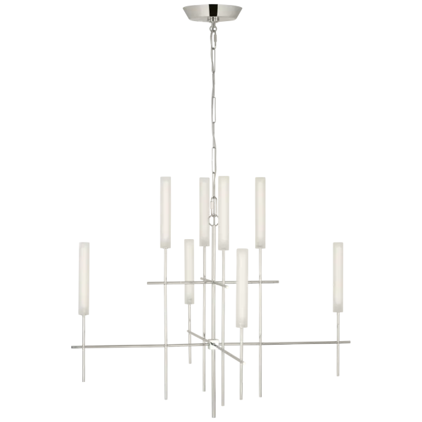The Fay 32" Chandelier combines classic elegance with contemporary design, featuring a polished nickel finish and frosted glass shades. Its linear form makes it perfect for dining tables and kitchen islands, providing sophisticated illumination.