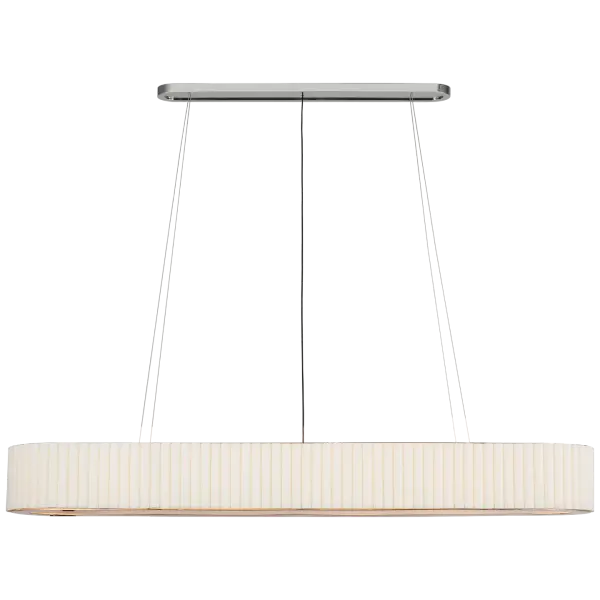 The Palati Extra Large Linear Chandelier combines refined polished nickel hardware with soft linen shades for a sophisticated lighting solution. Perfect for large dining rooms and kitchen islands, this fixture delivers both style and function.