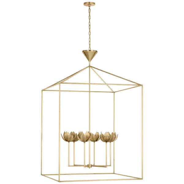 The Alberto Grande Open Cage Lantern commands attention with its substantial scale and refined antique-burnished brass finish. Perfect for high-ceiling spaces, this open cage design delivers dramatic visual impact while maintaining classic sophistication.