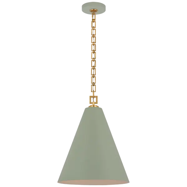 The Theo pendant combines soft celadon green with warm gild accents in a 17-inch frame, creating a sophisticated focal point. Its transitional design bridges traditional and contemporary aesthetics, perfect for coastal or modern interiors.