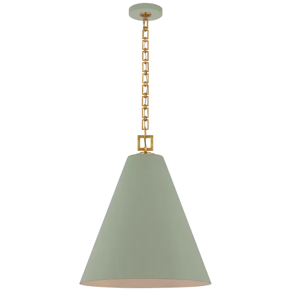 The Theo pendant combines soft celadon with warm gild accents in a 21-inch design that bridges traditional and contemporary aesthetics. Its medium scale and refined color palette make it versatile for dining spaces and kitchen islands.