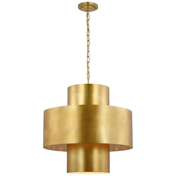 The Chalmette 25" pendant features sophisticated layered metalwork in a warm gild finish, creating dramatic visual interest and ambient lighting. Its substantial size makes it perfect for anchoring large dining spaces or grand entryways.