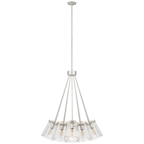The Thoreau Large Chandelier combines polished nickel with cream accents and clear glass for a sophisticated transitional aesthetic. Its substantial size makes it ideal for grand dining rooms and foyers requiring statement lighting.