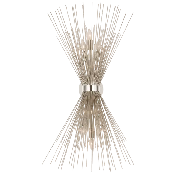 The Strada Large Symmetrical Sconce combines contemporary design with timeless appeal. Its polished nickel finish adds sophisticated shine to any space, while the symmetrical design provides balanced illumination.