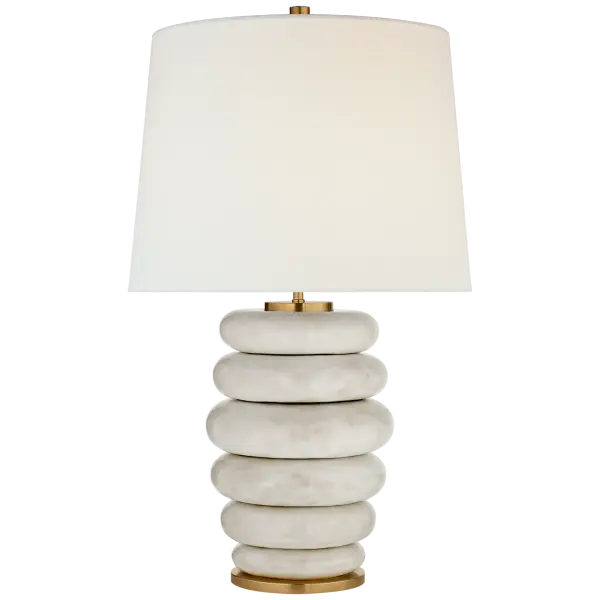 Phoebe Cordless Stacked Table Lamp in Antiqued White Ceramic with Linen Shade Open Box