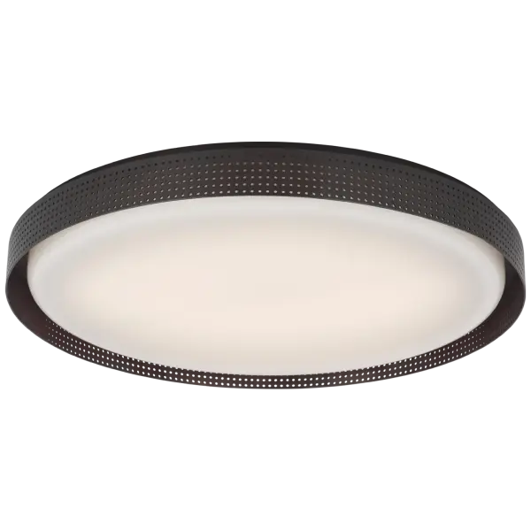 The Precision flush mount combines a substantial 24-inch diameter with refined bronze finish and white glass diffuser, creating sophisticated ambient lighting ideal for larger spaces with standard ceiling heights.