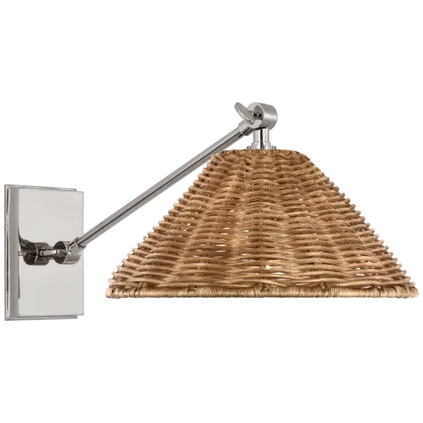 The Wimberley combines traditional library lighting with organic warmth through its natural wicker shade and polished nickel finish. Perfect for reading nooks and intimate spaces requiring focused task lighting with style.