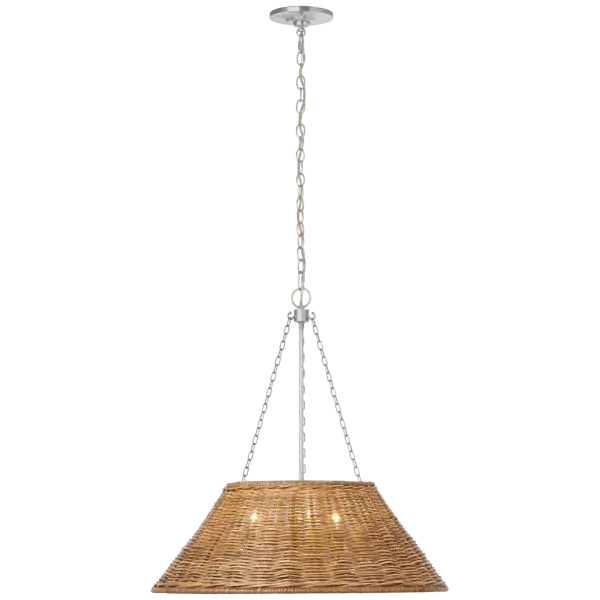 The Corinne 24" pendant beautifully blends polished nickel hardware with handwoven natural wicker, creating a sophisticated coastal aesthetic. Its generous 24-inch diameter provides substantial presence while the organic texture adds warmth.