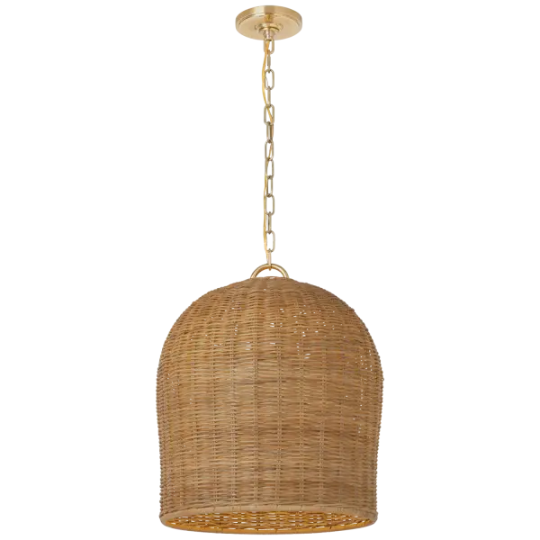 The Nancy pendant combines natural wicker weaving with soft brass hardware for a relaxed yet refined look. At 18 inches, it's perfectly scaled for kitchen islands and dining areas, casting warm filtered light through its handcrafted shade.