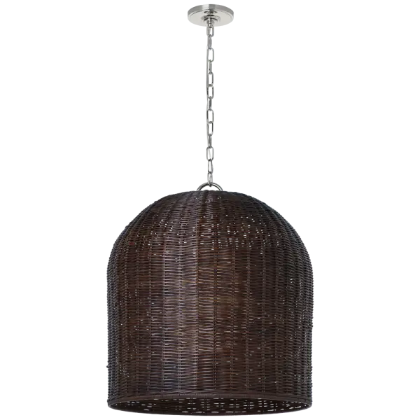 The Nancy pendant combines polished nickel hardware with handwoven espresso wicker for a sophisticated coastal aesthetic. At 25 inches wide, this statement piece brings warmth and texture to dining spaces and kitchen islands.
