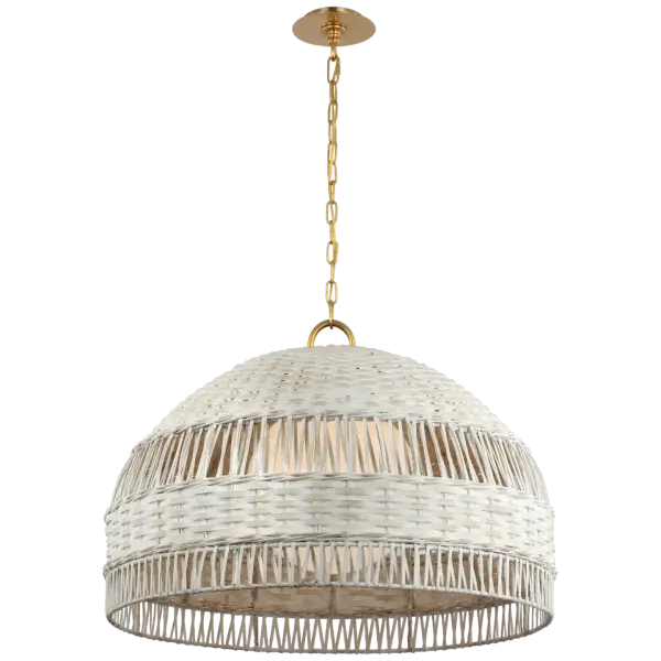 The Whit Extra Large Dome combines natural white wicker with soft brass accents for a sophisticated coastal aesthetic. Its generous scale makes it perfect for large dining spaces or open-concept areas requiring substantial visual impact.
