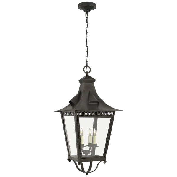The Orleans Large Hanging Lantern brings Old World elegance with its substantial size and authentic French Rust finish. Clear glass panels showcase the light beautifully while the traditional lantern silhouette makes a statement in grand spaces.