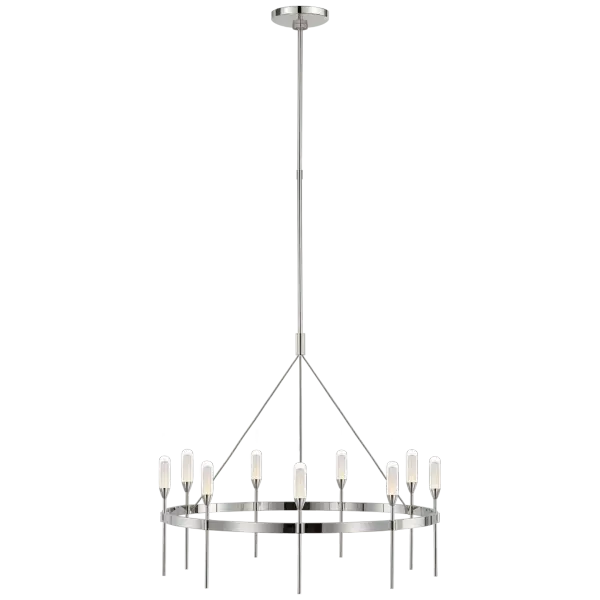 The Overture Medium Ring Chandelier combines classic elegance with contemporary design. Its polished nickel finish and clear glass create a sophisticated focal point that complements both traditional and modern interiors.