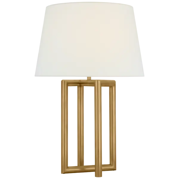 The Concorde Large Table Lamp combines classic hand-rubbed antique brass with a soft linen shade, creating sophisticated ambient lighting perfect for traditional and contemporary interiors alike.