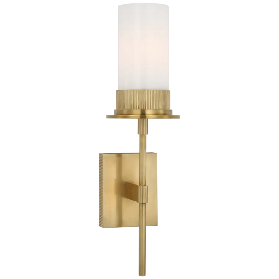 Beza Medium Tail Sconce in Antique Brass with White Glass