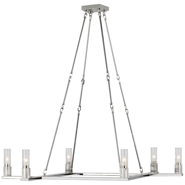The Beza Extra Large Chandelier commands attention with its generous scale and sophisticated polished nickel finish. Clear glass elements provide brilliant light transmission while the transitional design bridges traditional and contemporary aesthetics.