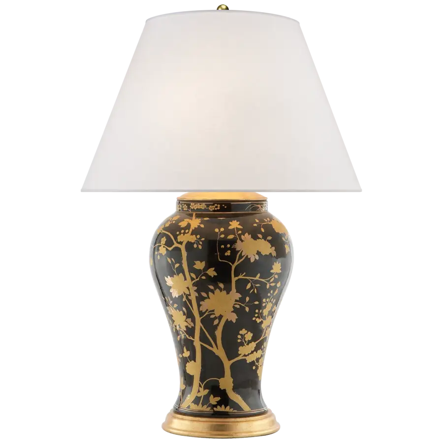 Gable Table Lamp in Black and Gold Porcelain with Silk Shade