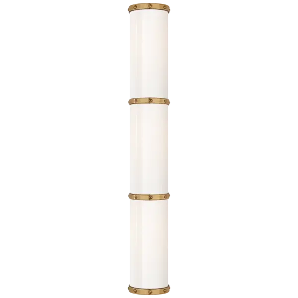 The Bleeker Triple Bath Sconce combines timeless brass warmth with modern white glass shades, delivering balanced illumination perfect for vanity areas. Its three-light configuration provides ample task lighting while maintaining a refined aesthetic.